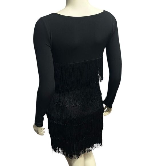 Muse for Boston Proper Black Long Sleeve Dress with Fringe Vneck Flapper Dress - Picture 6 of 10